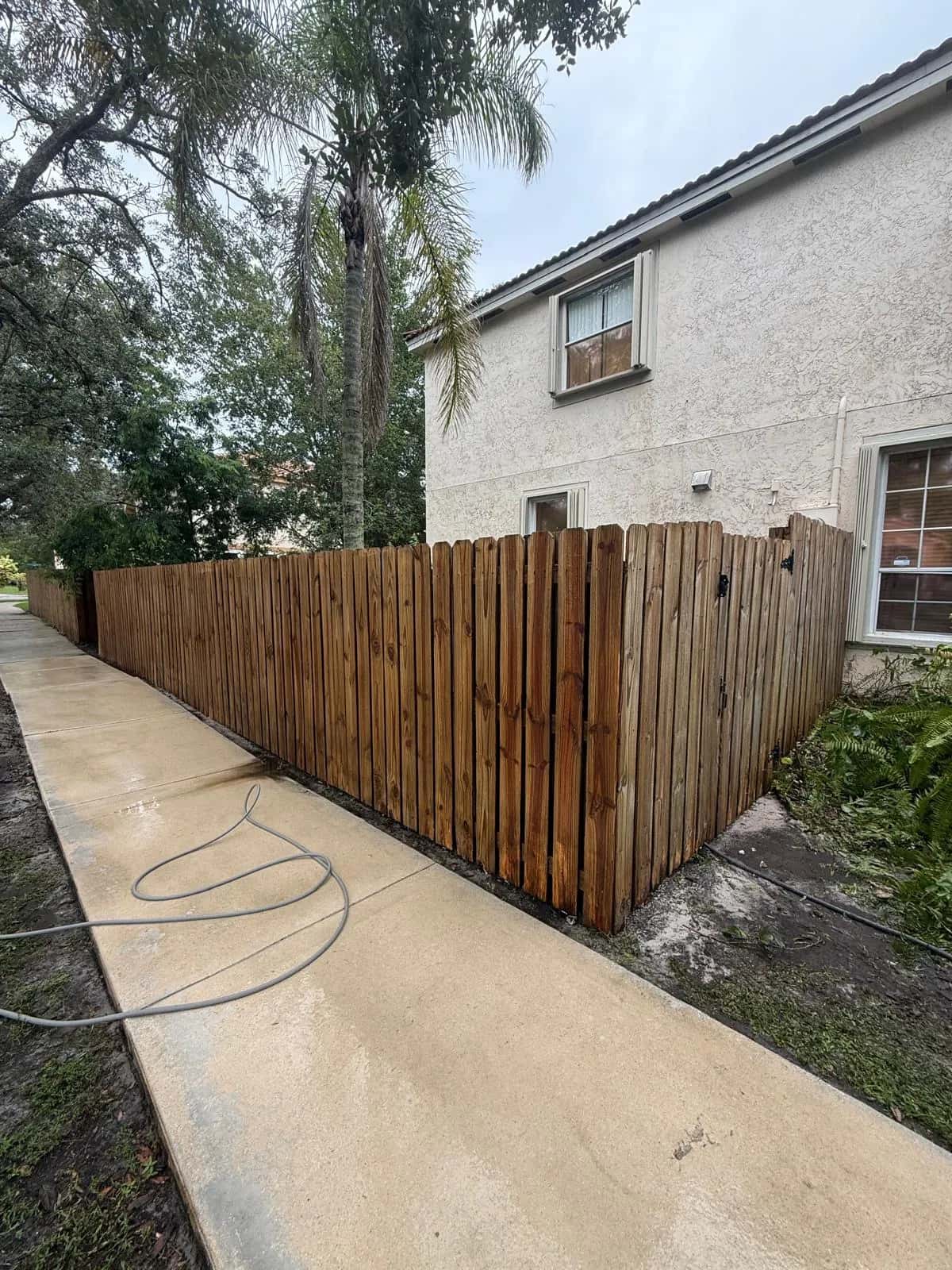 Wood fence restored to warm brown with a clean side walkway