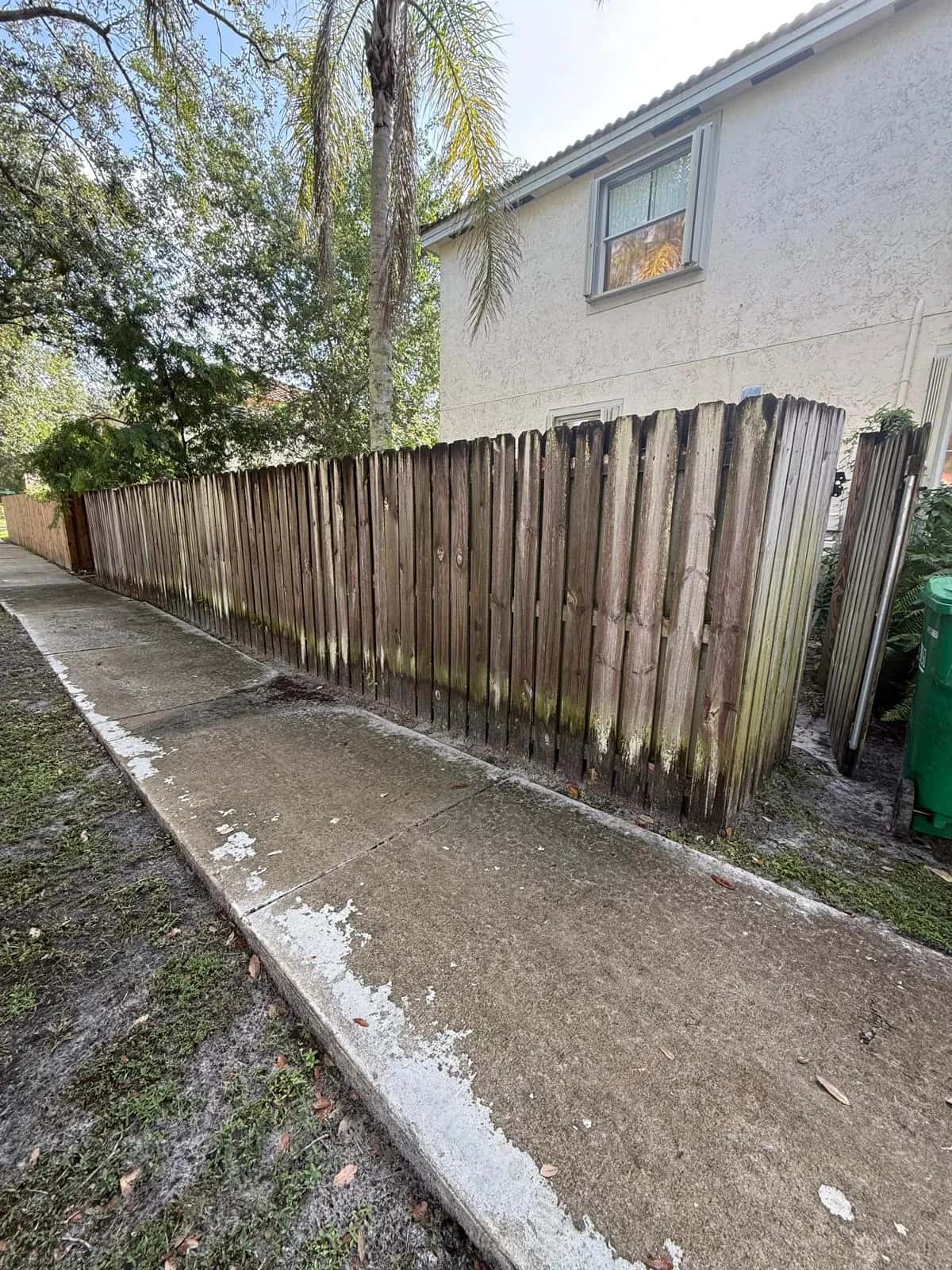 Gray, weathered wood fence and dirty side walkway